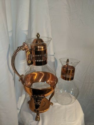 Vintage Copper And Glass Coffee Carafe And Warming Stand 9 " Tall