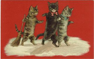 H Maguire Artist Old Postcard Anthropomorphic Cats Sweeping & Walking In Snow