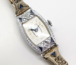 Vintage 1920s Art Deco 14k White Gold Filigree Diamond Sapphire Wristwatch