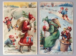 Lovely Hold - To - Light Santa Postcards (2) With Matching Cards - Santa With Children 3