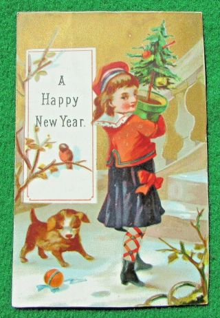 Victorian Card,  Girl Holding Decorated Xmas Tree,  Puppy Dog Playing,