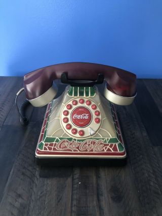 Vintage Stained Glass Look Coca Cola Coke Desk Phone Telephone Lights Up