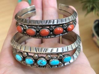 A,  2 Vintage Navajo Turquoise & Coral Sterling Silver Cuff Bracelets By E Claw