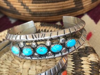 A,  2 Vintage Navajo Turquoise & Coral Sterling Silver Cuff Bracelets By E Claw 3