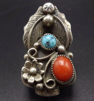 Heavy Signed Vintage Navajo Sterling Silver Coral & Turquoise Ring,  Size 7.  5