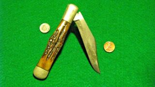 Vtg Pocket Hunt Blade Usa Ka - Bar Coke Bottle Pat - Off N Y Knife 1 Stag Fold Case