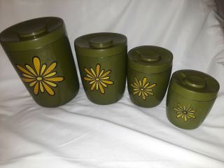 Mid Century Modern Canister Set Of 4 Green With Yellow Flower Melamine