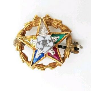 Vintage Order Of The Eastern Star 10k Yellow Gold Enamel Gemstone Pin