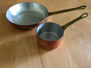 Vintage French Collectible Copper Pot And Pan With Brass Handles.
