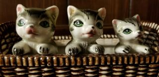 Vintage 3 Little Kittens In A Basket Ceramic Planter Made In Japan