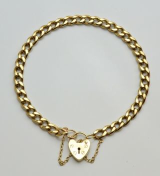 Vintage 7 " 9ct Yellow Gold Curb Linked Charm Bracelet With Padlock & Chain
