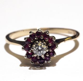 14k Yellow Gold.  13ct Vs1 G Diamond Red Ruby Cluster Ring 2.  7g Womens Vintage