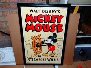 Vintage Walt Disneys Mickey Mouse Framed Steamboat Willie Poster Attic Find