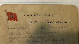 Cunard R.  M.  S.  Cephalonia Hand Written Menu 22nd May 1891 2