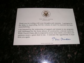 White House President Bill Clinton Response Card To Supporter