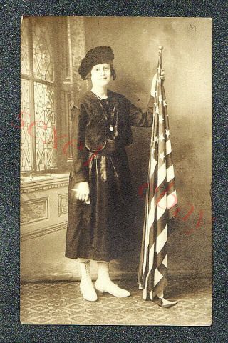 Patriotic Girl W Usa Flag In Studio - Circa 1920 Rppc Photo Grade 5