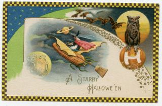 Winsch Checkerboard Halloween Flying Witch Bats Owl Moon Planets