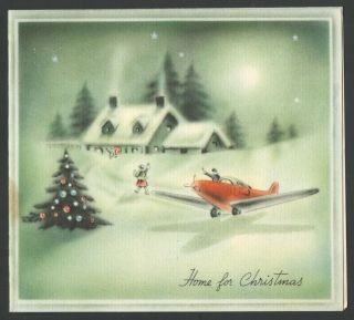 Vintage Christmas Card Airplane Home For The Holidays Military 40s 