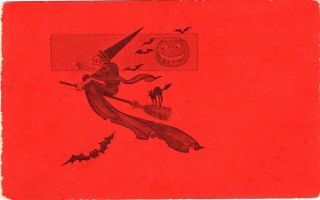 Halloween Postcard,  Unknown Publisher,  Witch Riding Broom With Cat,  1907