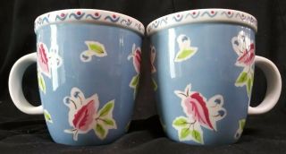 Set Of 2 Starbucks 2004 Abbey Large 18 Oz Blue Floral Coffee Mug Cup Pink Green