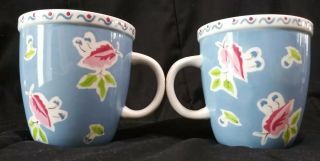 Set of 2 Starbucks 2004 Abbey Large 18 oz Blue Floral Coffee Mug Cup Pink Green 3