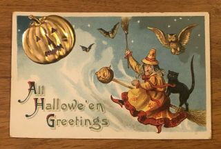 All Halloween Greetings 1910 Embossed Postcard Witch Black Cat Owl Gold Jol Bats