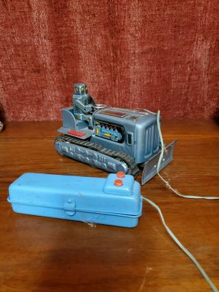 Vintage Japanese Battery Operated Tin Litho Robot Driving Bulldozer Toy