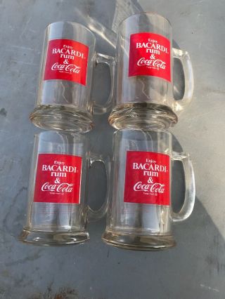 Set Of 4 Coca Cola & Bacardi Rum Vintage Enjoy Glass Mug Heavy 5 1/2 " Tall