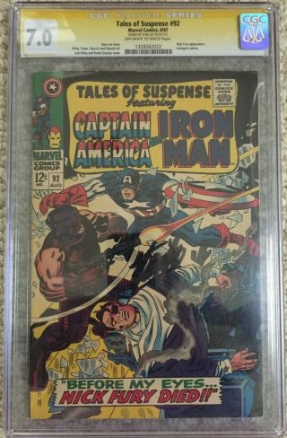 Tales Of Suspense 92 8/67 Cgc Ss 7.  0 Stan Lee Signed 9/11/15 Captain America