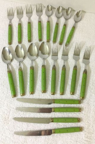 20 Pc Vintage Styson Green Handled Stainless Flatware Brass Bolsters