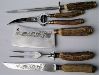 Vintage Solingen 5 Piece Knife Carving Set With Stag Handles All Etched Blades