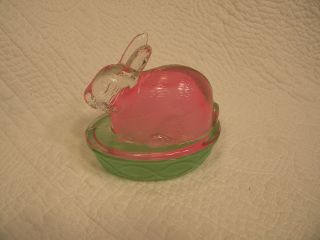Color Glass Candy Dish Rabbits On A Nest,  Galerie,  Made In China Pink & Green