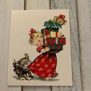 Vintage Greeting Card Christmas Girl Holding Gifts Dog Cute