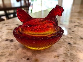 Vintage Red & Amberina Glass Hen On Nest Lidded Salt Cellar