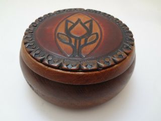 Small Turned Wood Round Box With Tooled Leather Top