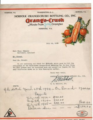 Letter / Color Letterhead Orange Crush Norfolk Va Bottling Co.  1935