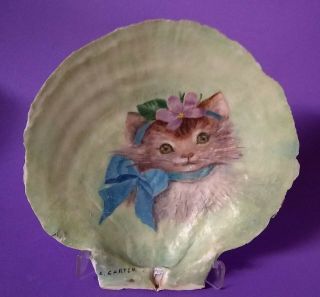 Vintage Hand Painted Sea Shell Of A Sweet Kitten