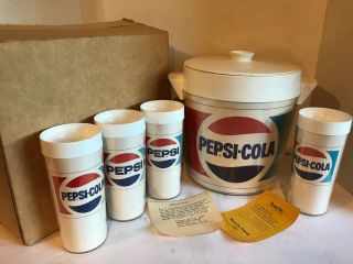 Nos Pepsi Cola Rare Vintage 1970 Ice Bucket With 4 Cups Plastic