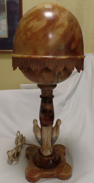 Vintage Hand Cut Alabaster Pelicans Birds Art Deco Electric Table Lamp & Globe