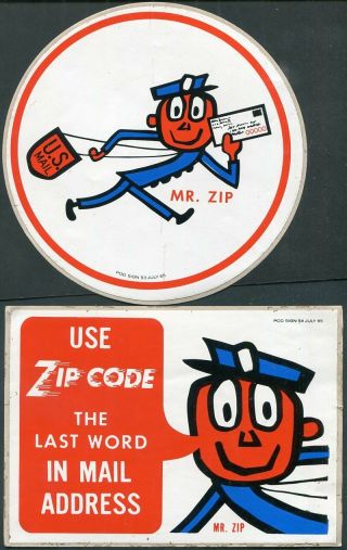 Mr Zip Usps 2 Large Vintage Stickers July 1965 Ag