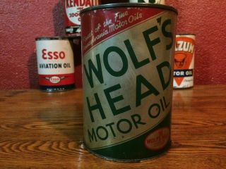 Vintage Wolfs Head Motor Oil Can Metal Full Mobil Sinclair Conoco Texaco Tydol