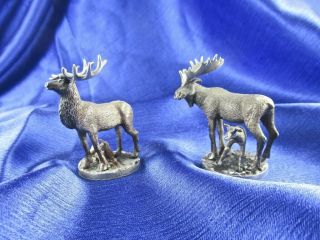 2 1983 Heller Moose & Elk Deer W/ Babies Miniature 2 ¼” Pewter Figurines