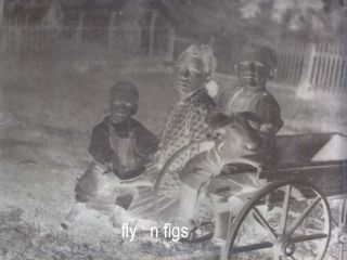 1880 Glass Negative African American Nanny 2 Children 1880 Express Coaster Wagon