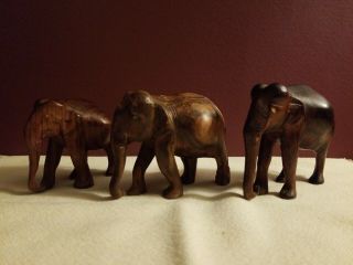 3 Vintage Hand Carved Wooden Elephant Art Statue Sculpture Figurine Circa 1960 