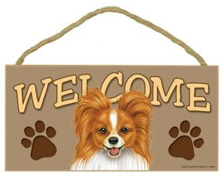 Papillon Red Brown Dog 5 X 10 Wood Welcome Sign Plaque Usa Made