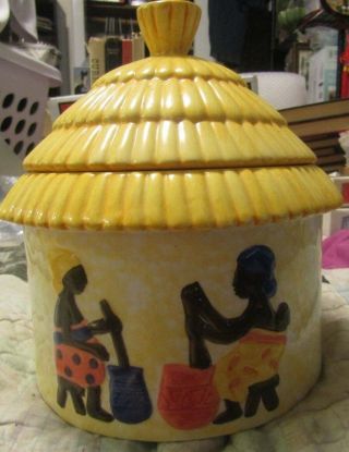 Black American Cookie Jar Straw Hut With A Straw Roof 5 1/2 " X 4 " Inside Measure