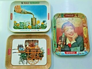 Coca Cola Serving Trays - 3 Vintage - 1953 - 1958 - 1961 - Menu Girl - Pansy - Picnic Cart