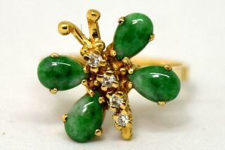 Vintage 14k Solid Yellow Gold,  Natural Diamond And Jade Ring Size 6