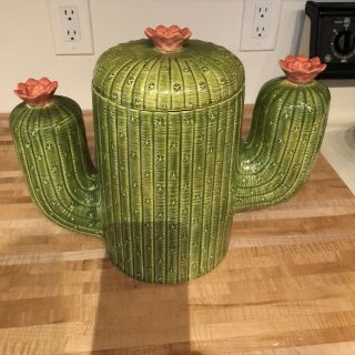 Large Handmade Vintage Ceramic Cactus Cookie Jar Stash Jar