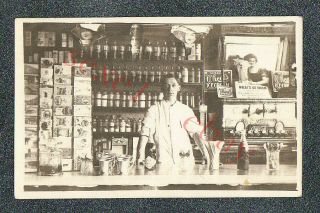 Soda Fountain Interior W Postcard Rack - Circa 1915 Rppc Photo Grade 5